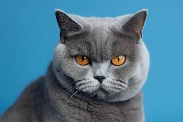 Un chat britannique gris avec une humeur dépressive en colère offensée sur un fond bleu