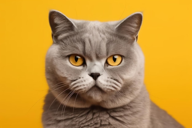 Chat britannique à poil court argenté faisant un visage drôle regardant mécontent ou irrité photo de studio sur fond jaune