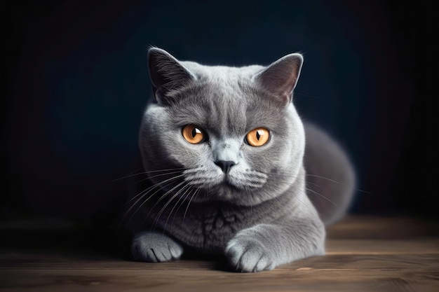 Chat british shorthair de race grise aux yeux orange allongé généré par l'IA