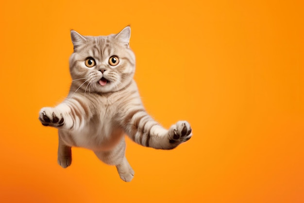 Chat British Shorthair très heureux en sautant en vol sur fond orange