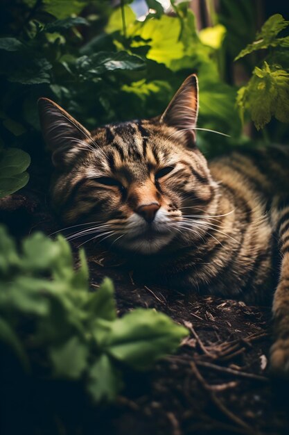 Un chat brun allongé sur le sol