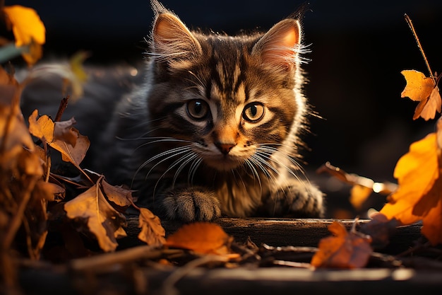 Un chat caché sous un banc de bois faiblement éclairé