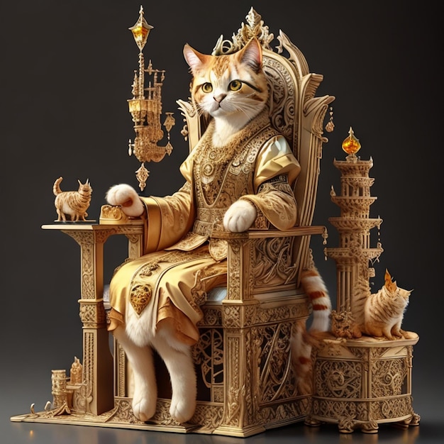 Un chat calico assis sur un trône avec des applications d'ambre citrine et de diamants noirs