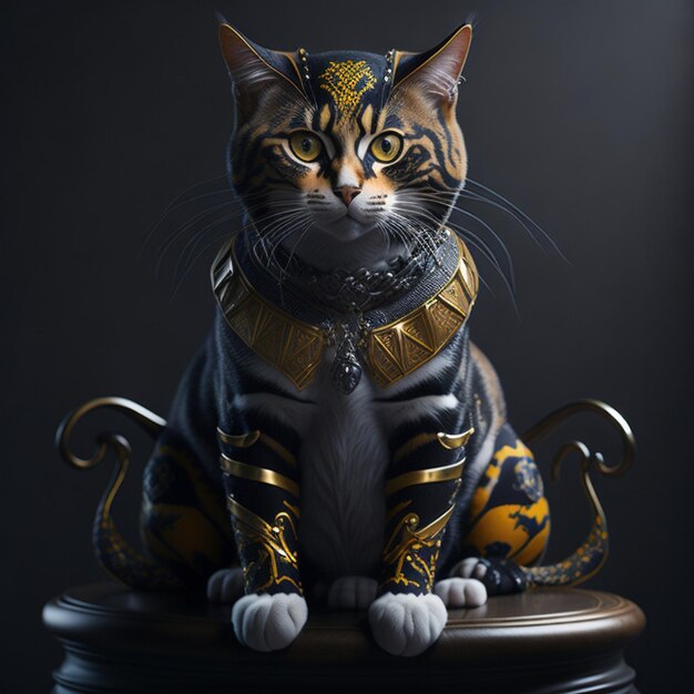 Un chat calico assis sur un trône avec des applications d'ambre citrine et de diamants noirs