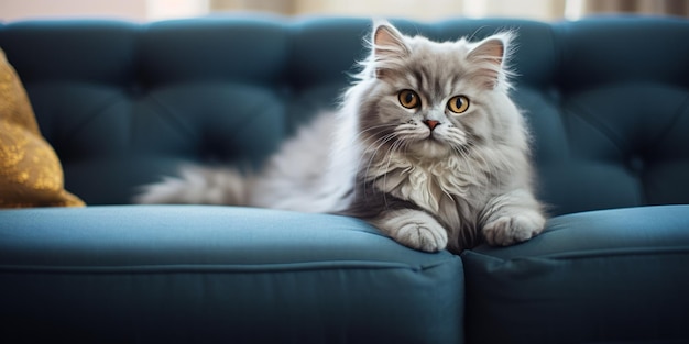 Un chat sur un canapé bleu IA générative