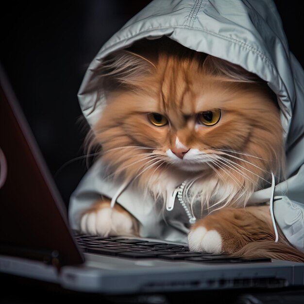 Photo un chat avec une capuche assis sur un ordinateur portable