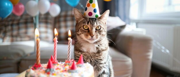 Un chat de célébration portant un chapeau de fête est assis devant un gâteau d'anniversaire avec une bougie allumée