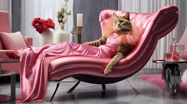 Un chat sur une chaise longue chic entouré de magazines de haute couture