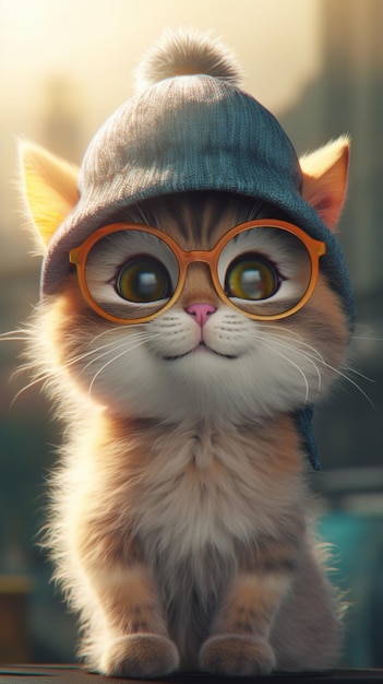 Chat avec un chapeau bleu et des lunettes