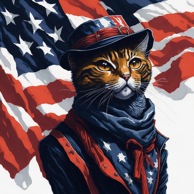 Un chat avec un chapeau et un drapeau en arrière-plan.