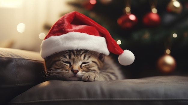 Un chat avec le chapeau du Père Noël