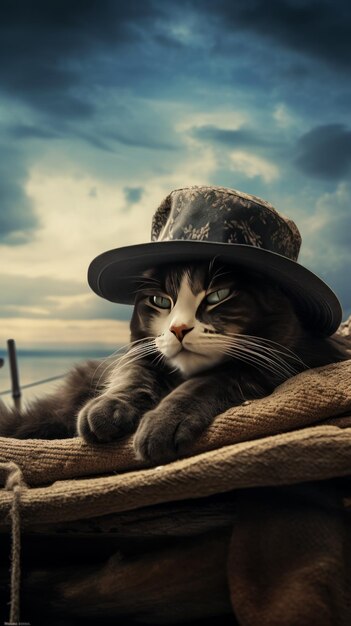 Un chat avec un chapeau est allongé sur le toit voyageant à la plage