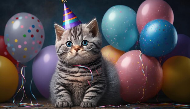 Photo un chat avec un chapeau de fête est assis parmi des ballons.