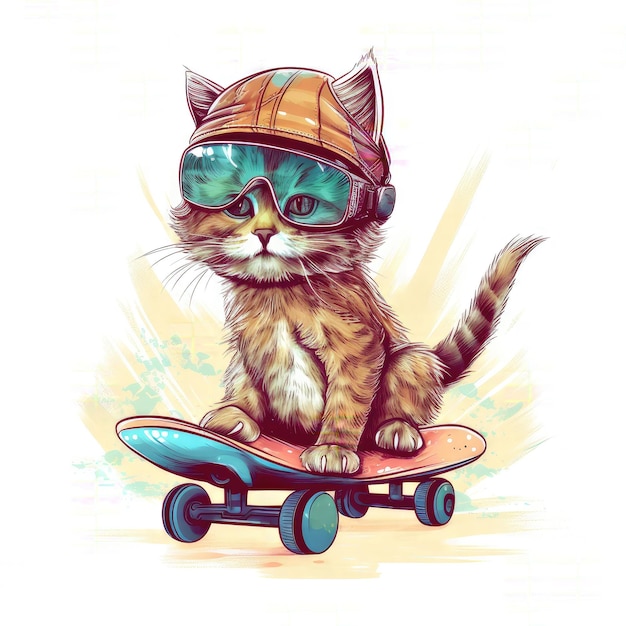 Un chat avec un chapeau et des lunettes est assis sur une planche à roulettes.