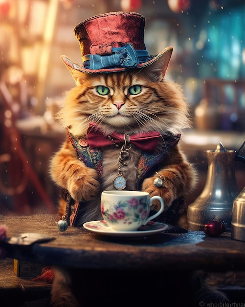 Un chat avec un chapeau et un nœud papillon est assis à une table avec une tasse de thé