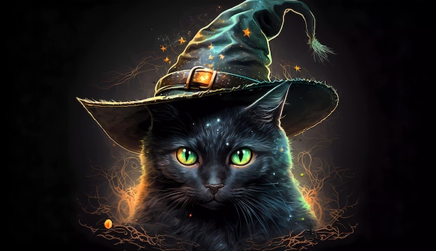 Un chat avec un chapeau de sorcière dessus