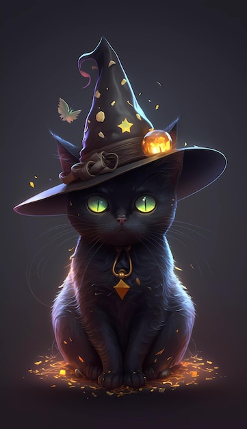 Un chat avec un chapeau de sorcière et des yeux jaunes brillants