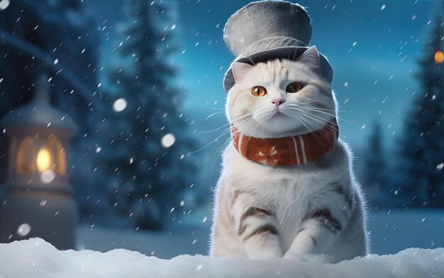 un chat avec un chapeau sur la tête est assis dans la neige