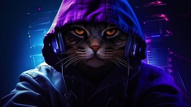 Photo un chat avec un chapeau violet et un costume de hacker créant des chefs-d'œuvre numériques