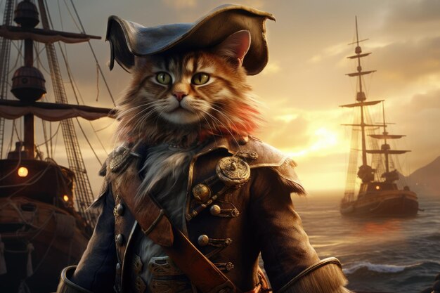 Un chat charismatique en costume de pirate pose pour la caméra à bord