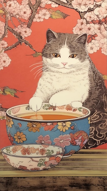 Un chat charmant et une tasse de thé Art anime couleurs vives style japonais Ramen chat fleurs de cerisier