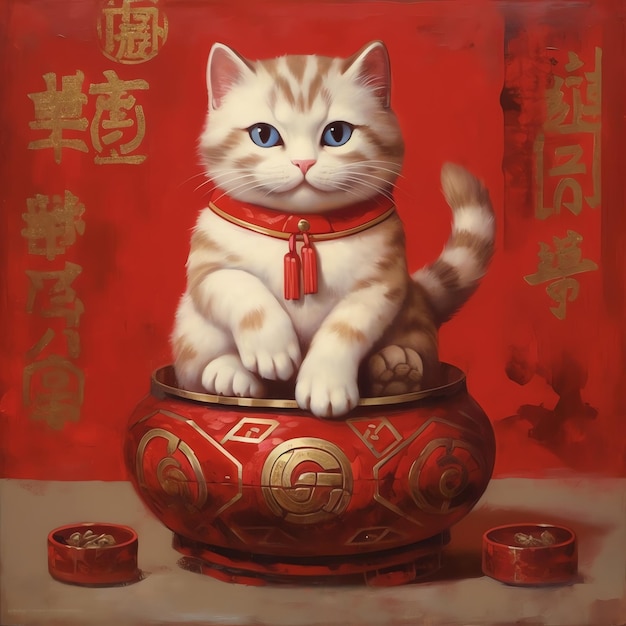 Photo un chat charmant et une tasse de thé art anime couleurs vives style japonais ramen chat fleurs de cerisier