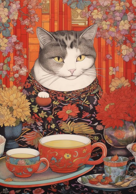 Un chat charmant et une tasse de thé Art anime couleurs vives style japonais Ramen chat fleurs de cerisier