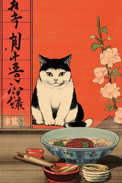 Photo un chat charmant et une tasse de thé art anime couleurs vives style japonais ramen chat fleurs de cerisier