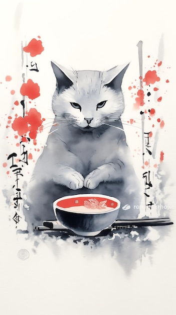 Photo un chat charmant et une tasse de thé art anime couleurs vives style japonais ramen chat fleurs de cerisier