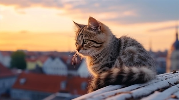 "Chat et chaton assis sur le toit de la maison au coucher du soleil le soir dans la ville médiévale