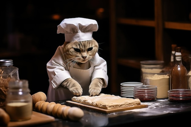 Un chat ou un chaton portant un uniforme de chef ou de cuisinier cuisinant dans sa cuisine