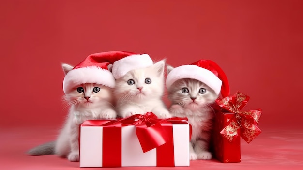 Le chat et les chatons célèbrent les fêtes de Noël dans un chapeau rouge de Père Noël, des cornes de rennes.