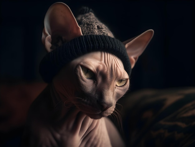 Un chat chauve avec un bonnet tricoté est assis sur un lit