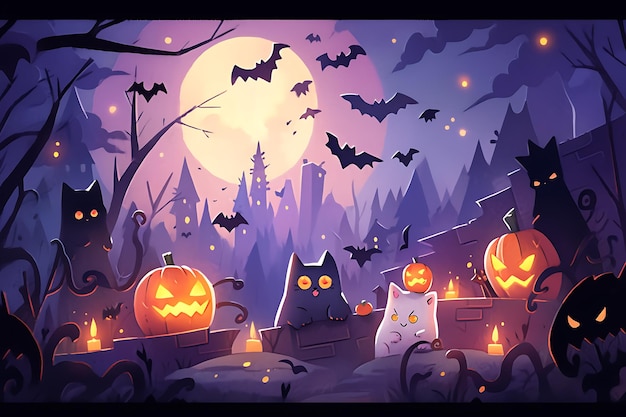 chat et chauve-souris illustration de fond halloween