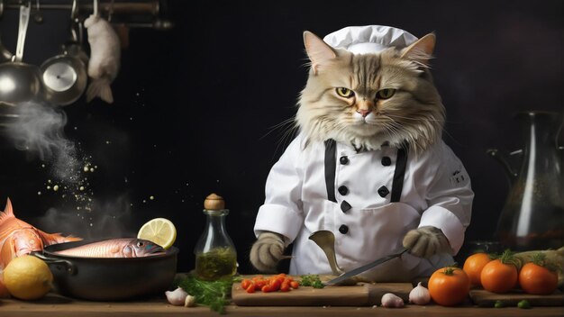 Le chat de chef dans la cuisine