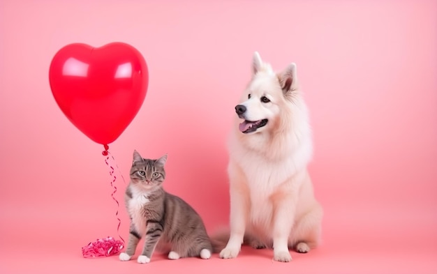 Un chat et un chien avec un ballon coeur rouge