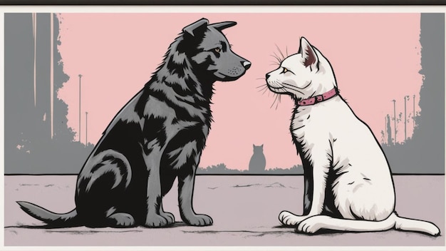 chat et chien bond kiss valentine concept illustration