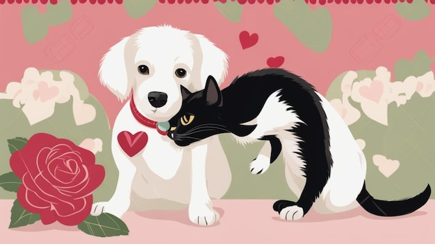 chat et chien bond kiss valentine concept illustration