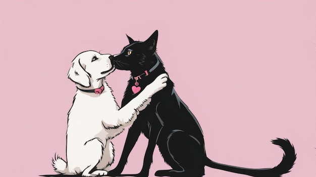 Photo chat et chien bond kiss valentine concept illustration