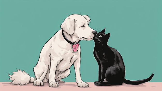 chat et chien bond kiss valentine concept illustration