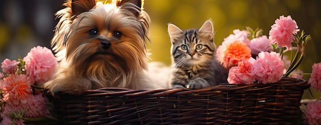 chat et chien dans le panier amis animaux de compagnie