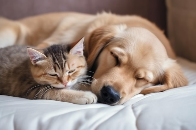 Chat et chien dormant ensemble Chaton et chiot faisant la sieste Animaux domestiques Soins aux animaux Amour et amitié