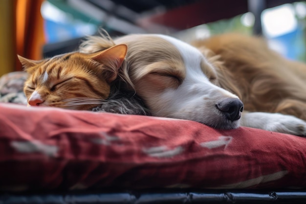 Un chat et un chien dormant sur un lit