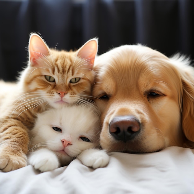 Le chat et le chien dorment sur le canapé