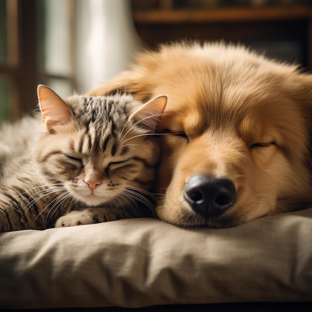 Le chat et le chien dorment ensemble Le chaton et le chiot font une sieste Les animaux de compagnie de la maison L'amour et les amis