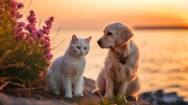 chat et chien drôle mignon chiot et chaton s'asseoir jouer sur l'eau de mer éclaboussures d'eau de mer au coucher du soleil nature