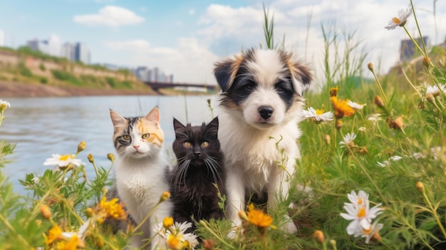 chat et chien drôle mignon chiot et chaton s'asseoir jouer sur l'eau de mer éclaboussures d'eau de mer au coucher du soleil nature