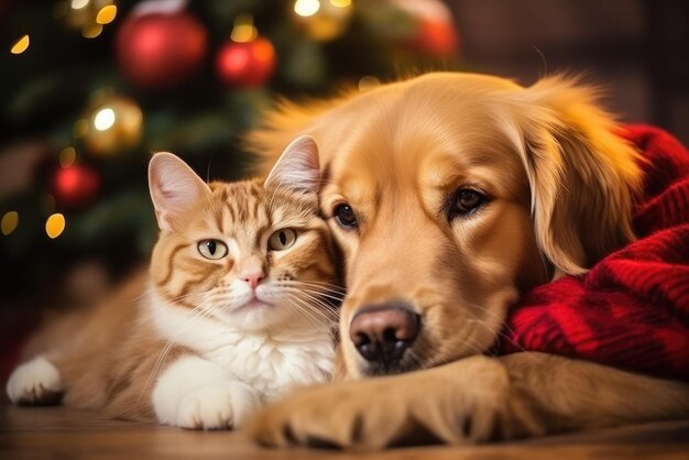 Chat et chien près de l'arbre de Noël IA générative