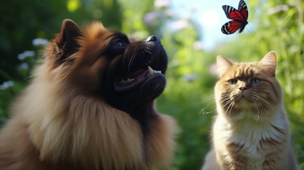 Photo un chat et un chien regardant un papillon