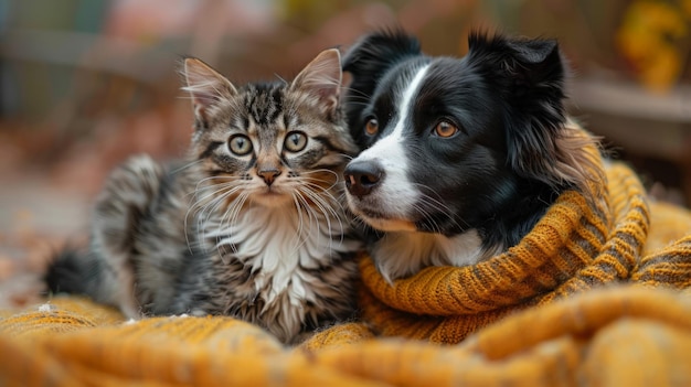 Photo un chat et un chien reposent sur une couverture